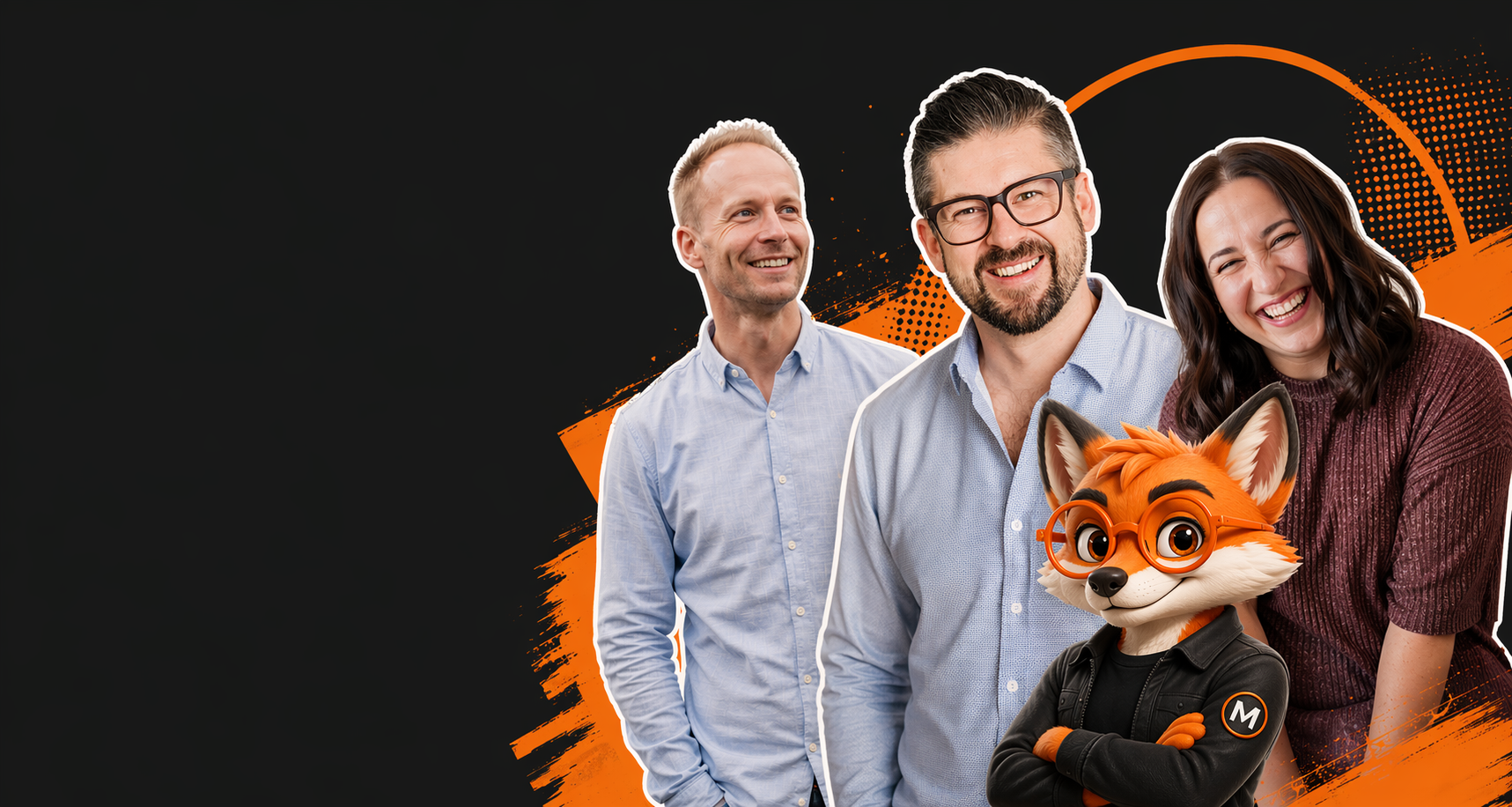 Das Team von Die Marketing Nerds mit Maskottchen Mox