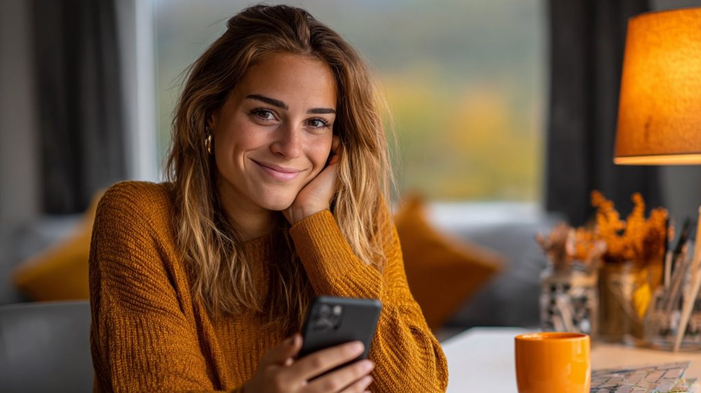 EPU Unternehmerin analysiert Facebook und Instagram Werbung auf ihrem Smartphone im Homeoffice in Graz