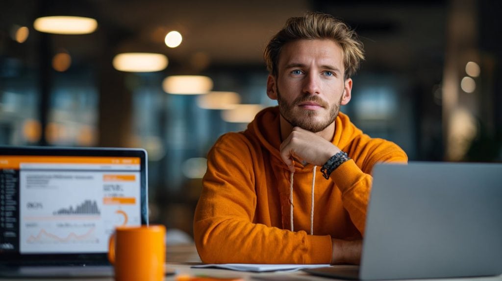 Unternehmer analysiert Google Ads Budget und Kosten am Laptop in modernem Büro in Graz