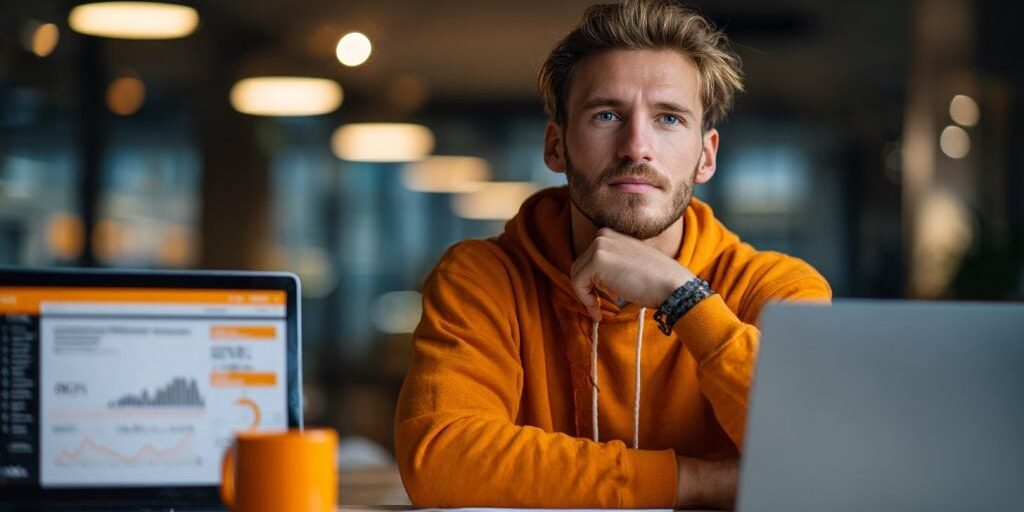 Unternehmer analysiert Google Ads Budget und Kosten am Laptop in modernem Büro in Graz